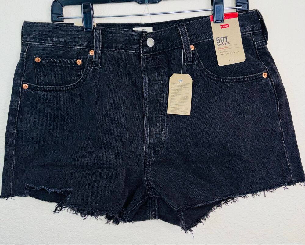 Levi’s Black 501 Denim High-Rise Shorts with Frayed Edges, NWT, Women's Size 33